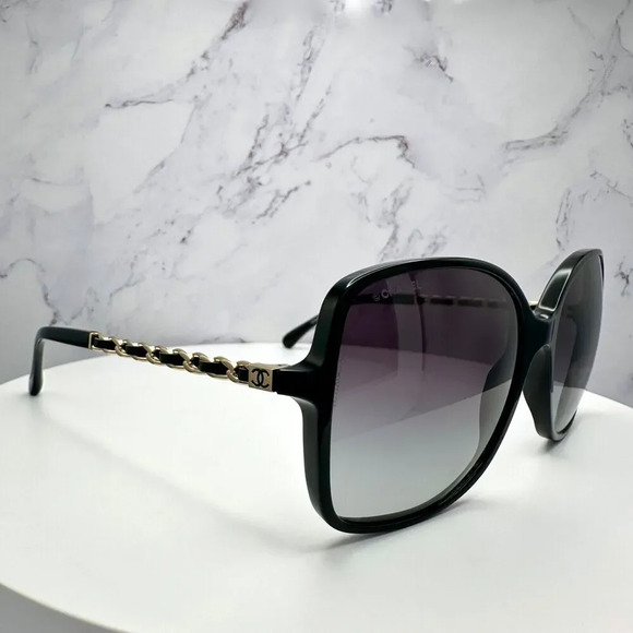 CHANEL Sunglasses Black Gold Chain Arms Interlocking CC Logo Acetate Square New - Picture 15 of 16